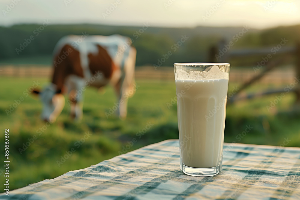 A glass of milk on a checkered tablecloth with a cow grazing in the background A glass of milk on a checkered tablecloth with a cow grazing in the background