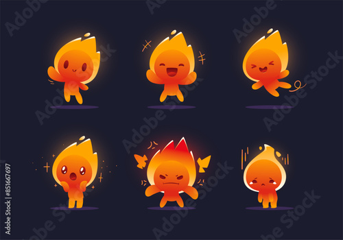 set of cute cartoon fire element character mascot collection	