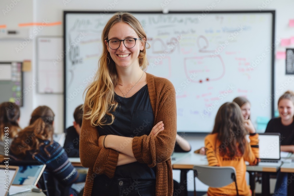 A woman is standing in front of a whiteboard with a group of students A woman is standing in front of a whiteboard with a group of students