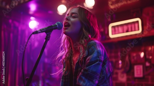 Wallpaper Mural Karaoke night concept image with a young woman singing at karaoke in a bar next to a sign Torontodigital.ca