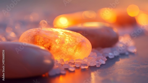 Close-up of glowing Himalayan salt stones and pebbles on rock salt, creating a warm and tranquil ambiance perfect for relaxation.
