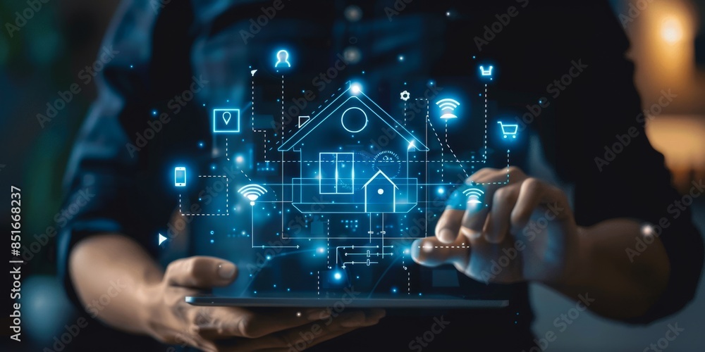 Fototapeta premium Businessman Using Tablet with Digital Network Interface for Analyzing Smart Home IoT Technology and 5G Network Growth on a Blue Background for High-Resolution AI-Generated Wallpaper