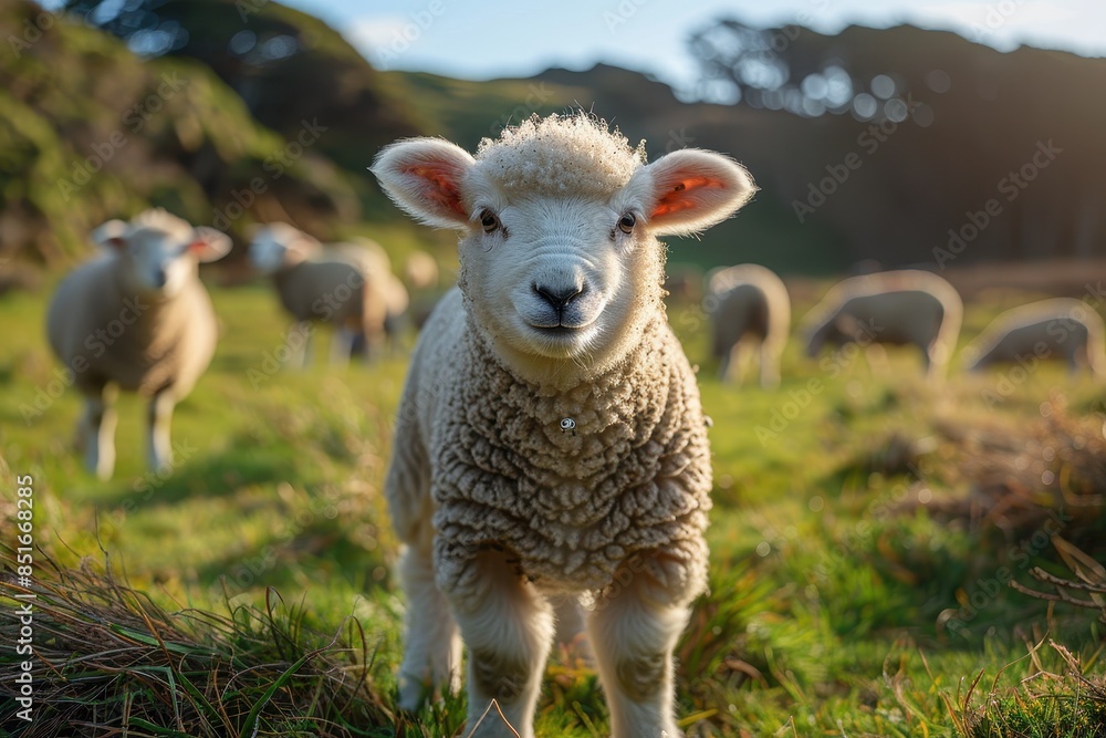 A fluffy white lamb with a small bell around its neck, standing in a green pasture with other sheep grazing in the background A fluffy white lamb with a small bell around its neck, standing in a green pasture with other sheep grazing in the background
