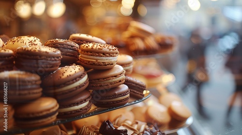 Fototapeta Naklejka Na Ścianę i Meble -  A bakery storefront window filled with beautifully displayed macaroons, attracting passersby with their bright colors and enticing flavors, set against a bustling street backdrop
