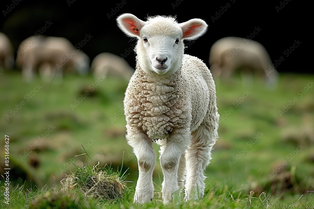 A fluffy white lamb with a small bell around its neck, standing in a green pasture with other sheep grazing in the background A fluffy white lamb with a small bell around its neck, standing in a green pasture with other sheep grazing in the background