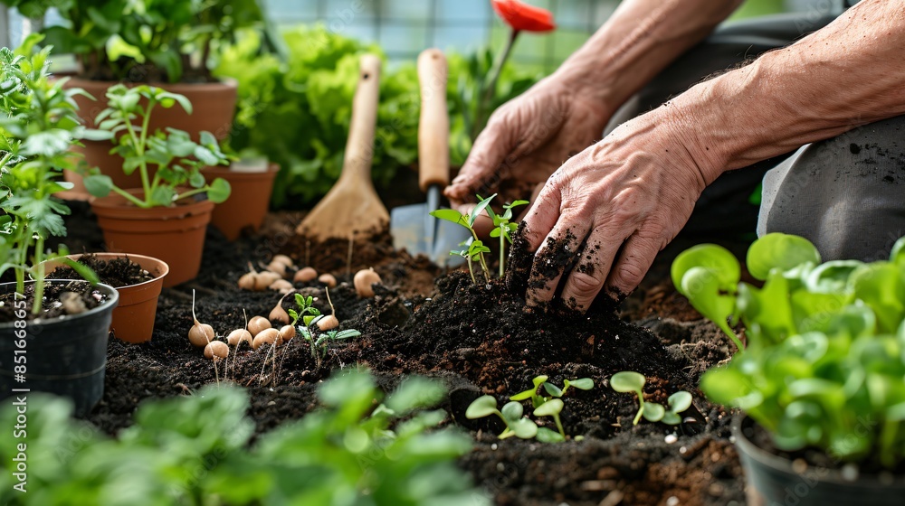 A close-up of a person planting seeds in a garden, their hands covered in soil, with a variety of plants and gardening tools nearby A close-up of a person planting seeds in a garden, their hands covered in soil, with a variety of plants and gardening tools nearby