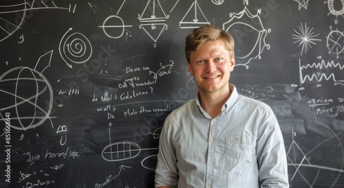 A man is smiling in front of a blackboard with mathematical equations on it