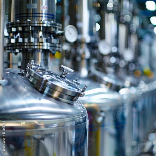 Modern industrial stainless steel tanks and pipes in a brewery or chemical plant, showcasing advanced technology and clean processing environment.