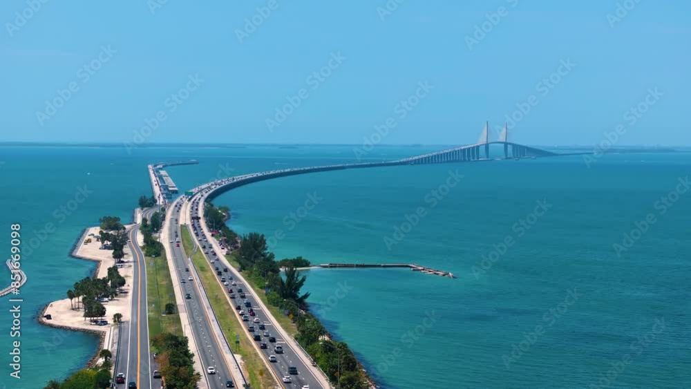 Highway road with driving traffic cars on Sunshine Skyway Bridge over Tampa Bay in Florida. Transportation infrastructure in USA Highway road with driving traffic cars on Sunshine Skyway Bridge over Tampa Bay in Florida. Transportation infrastructure in USA