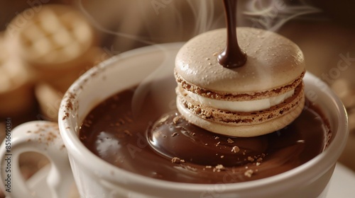 A close-up of a single macaron dipped into a cup of creamy hot chocolate, with the steam rising and the chocolate starting to melt the delicate cookie