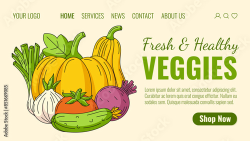 Farm fresh and healthy vegetables. Order organic food, natural veggies, vegan food home delivery. Landing page vector template for website, web, grocery, online store, farmer market.
