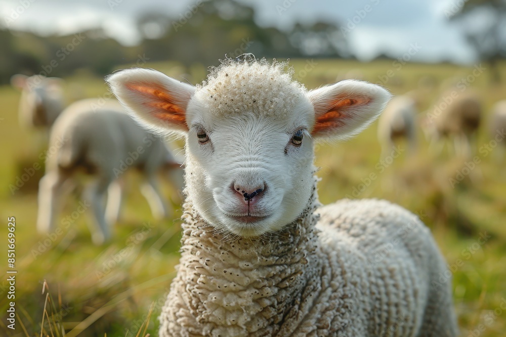 A fluffy white lamb with a small bell around its neck, standing in a green pasture with other sheep grazing in the background A fluffy white lamb with a small bell around its neck, standing in a green pasture with other sheep grazing in the background
