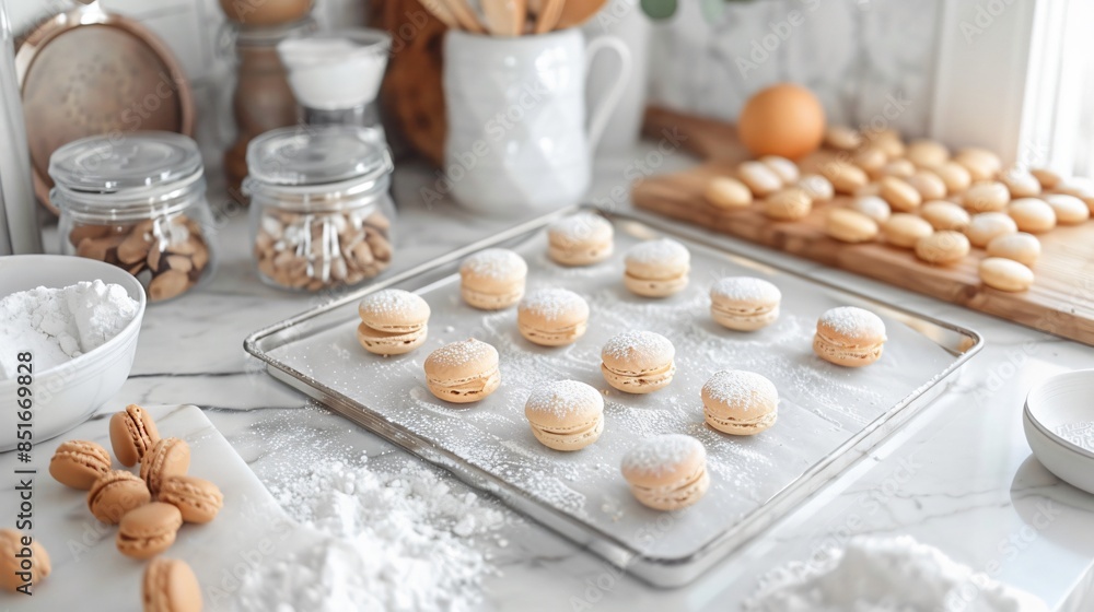 A minimalist, modern kitchen with a marble countertop, featuring a tray of freshly baked macarons, with ingredients like almond flour and powdered sugar scattered around A minimalist, modern kitchen with a marble countertop, featuring a tray of freshly baked macarons, with ingredients like almond flour and powdered sugar scattered around