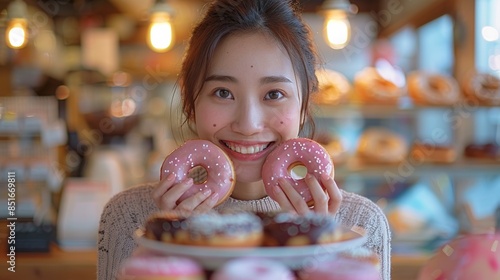 Smiling Japanese woman eating Vivid donuts and holding up in her hands with other donuts on a plate. The background is a blurred cafe interior with natural light. photo