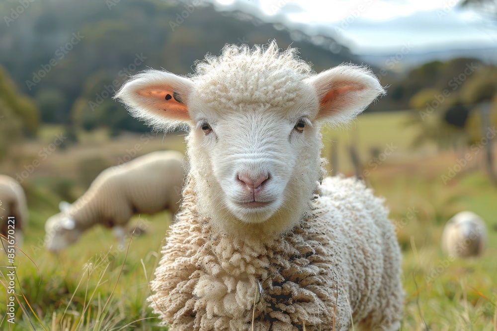 Obraz premium A fluffy white lamb with a small bell around its neck, standing in a green pasture with other sheep grazing in the background