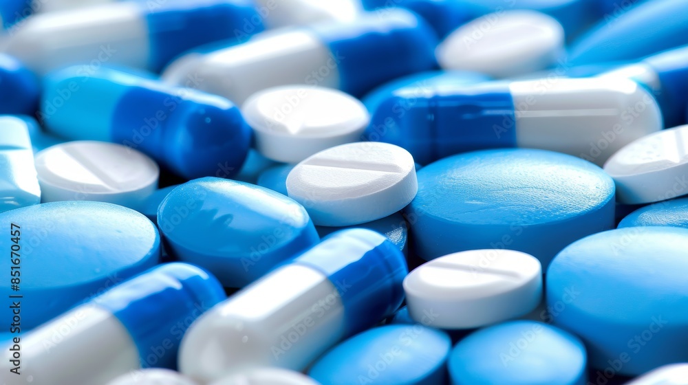 Blue and white tablets and capsules are lying together, creating a medical composition. The concept of the image is medical drugs and pharmaceuticals. Blue and white tablets and capsules are lying together, creating a medical composition. The concept of the image is medical drugs and pharmaceuticals.