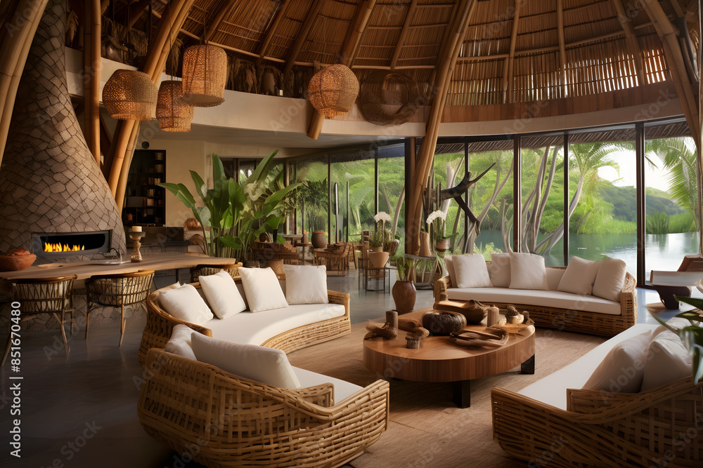 Fototapeta premium natural wood style house interior design at the forrest near the sea, modern way of living naturally interior design