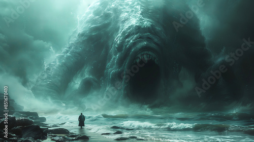 an enormous sea monster rising from the ocean, large open mouth with rows of teeth, foggy and mysterious atmosphere, tiny figure standing in front of it