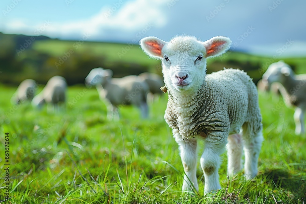 Fototapeta premium A fluffy white lamb with a small bell around its neck, standing in a green pasture with other sheep grazing in the background