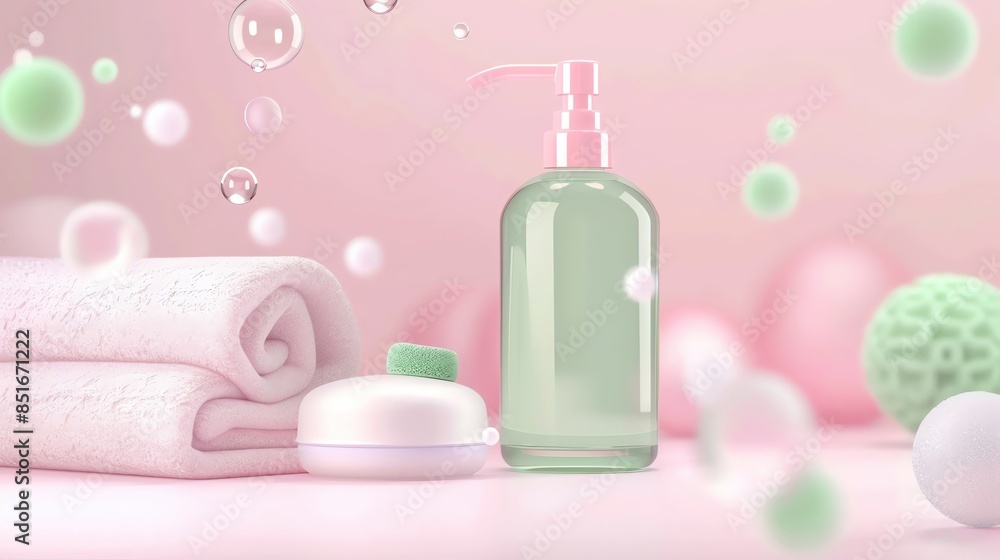 3D Hand Soap and 3D Hand Towel floating on soft background 3D Hand Soap and 3D Hand Towel floating on soft background