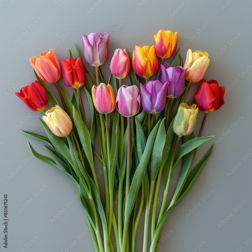 Colorful tulip bouquet with various shades of pink, purple, red, orange, and yellow. Flowers are arranged in a fan shape on a gray background. Colorful tulip bouquet with various shades of pink, purple, red, orange, and yellow. Flowers are arranged in a fan shape on a gray background.