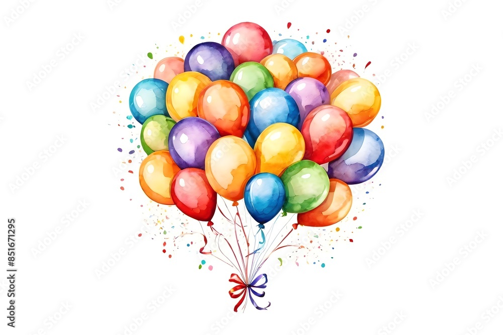 Bunch of colorful balloons isolated on white background. Watercolor illustration for festive birthday, anniversary, or party design with vibrant ribbons and decorations. Bunch of colorful balloons isolated on white background. Watercolor illustration for festive birthday, anniversary, or party design with vibrant ribbons and decorations.