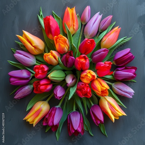Vibrant colorful tulips arranged in a circle on dark background