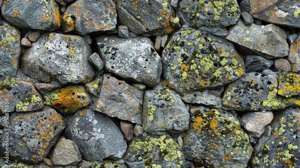 An old stone wall with variously sized stones, covered in patches of moss and lichen, creating a rugged and natural rustic background An old stone wall with variously sized stones, covered in patches of moss and lichen, creating a rugged and natural rustic background