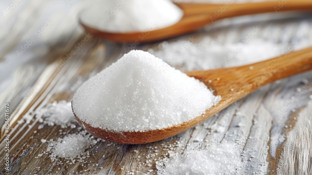 Close-up of white granulated sugar in wooden spoons Close-up of white granulated sugar in wooden spoons