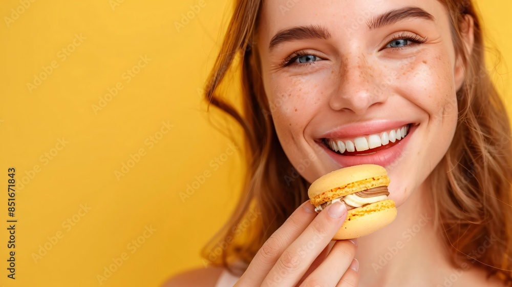 Close up shot of a beautiful woman holding a delicious macaron, smiling and standing against yellow background Close up shot of a beautiful woman holding a delicious macaron, smiling and standing against yellow background