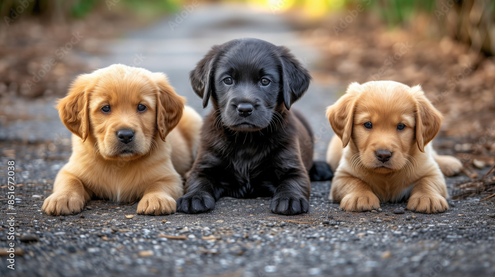 Adorable Trio of Labrador Puppies on Outdoor Path: Golden and Black Labrador Retriever Puppies.