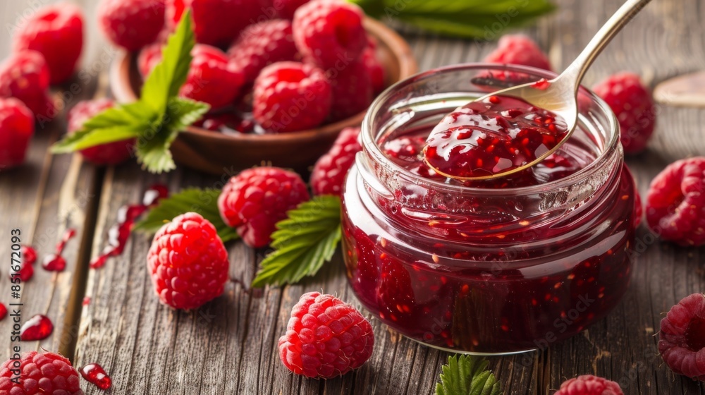 custom made wallpaper toronto digitalRaspberry jam. Spoon scooping homemade raspberry jam from a glass jar surrounded by fresh raspberries
