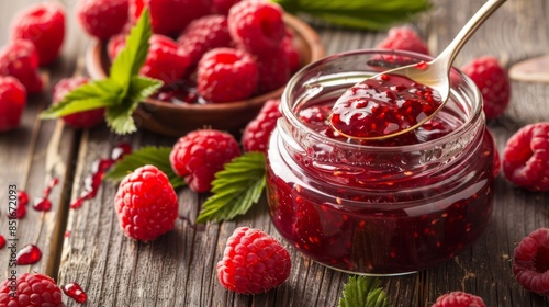 Wallpaper Mural Raspberry jam. Spoon scooping homemade raspberry jam from a glass jar surrounded by fresh raspberries Torontodigital.ca