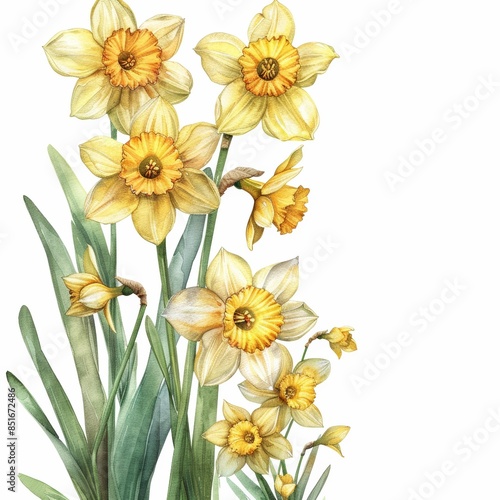 A cluster of yellow daffodils with green leaves, blooming in spring.  The flowers are arranged in a bouquet on a white background. © sceneperfect