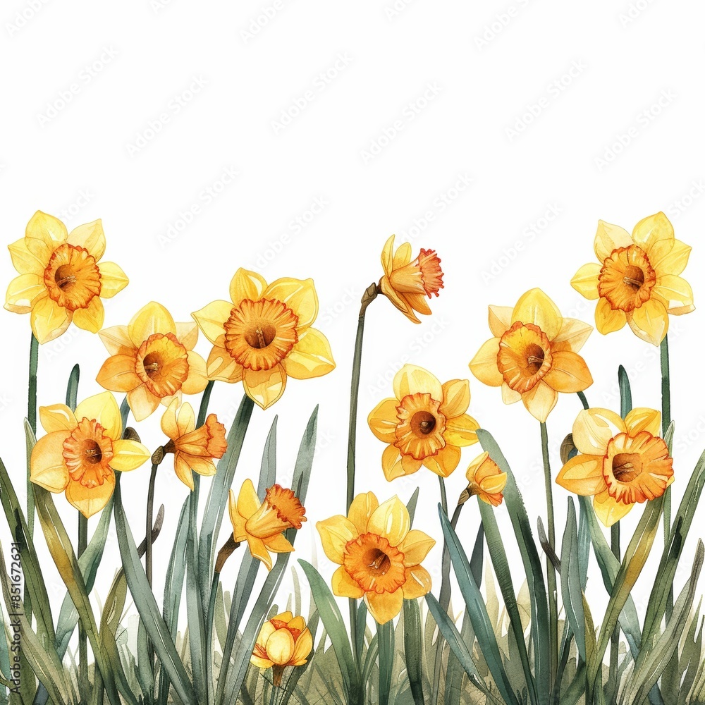 Fototapeta premium A watercolor illustration of a cluster of yellow daffodils in full bloom.