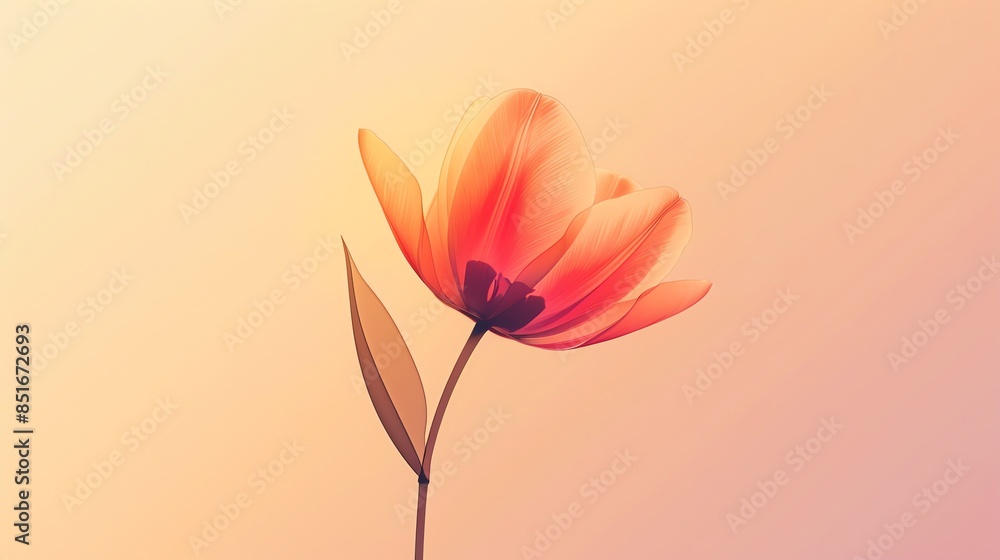 A single orange tulip with soft, blurry leaves on a peach background. A single orange tulip with soft, blurry leaves on a peach background.