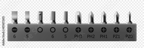 Isometric set of metal bits for screwdriver isolated on white background. Bits for electric drill or cordless screwdriver. Hand tools for repair. Bits for bolts and screws. Realistic 3d vector