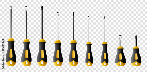 Set of screwdrivers isolated on transparent background. Black and yellow long and short screwdrivers. Metal tool for Home Repairs and Mechanical Work. Realistic 3d vector illustration.