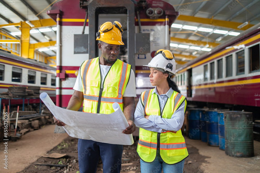 Railway Engineers Evaluating Plans at Train Depot Railway Engineers Evaluating Plans at Train Depot