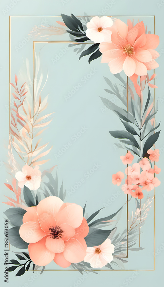 Obraz premium A watercolor floral frame with leaves and flowers surrounding a blank white center. The design is delicate and elegant, suitable for invitations, wedding or greeting cards.