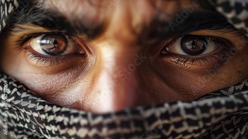 Intense close-up of a person's eyes with a traditional scarf, revealing deep emotion and mystery. High resolution and detailed photography. photo