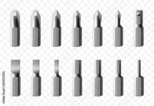 Isometric set of metal bits for screwdriver isolated on white background. Bits for electric drill or cordless screwdriver. Hand tools for repair. Bits for bolts and screws. Realistic 3d vector