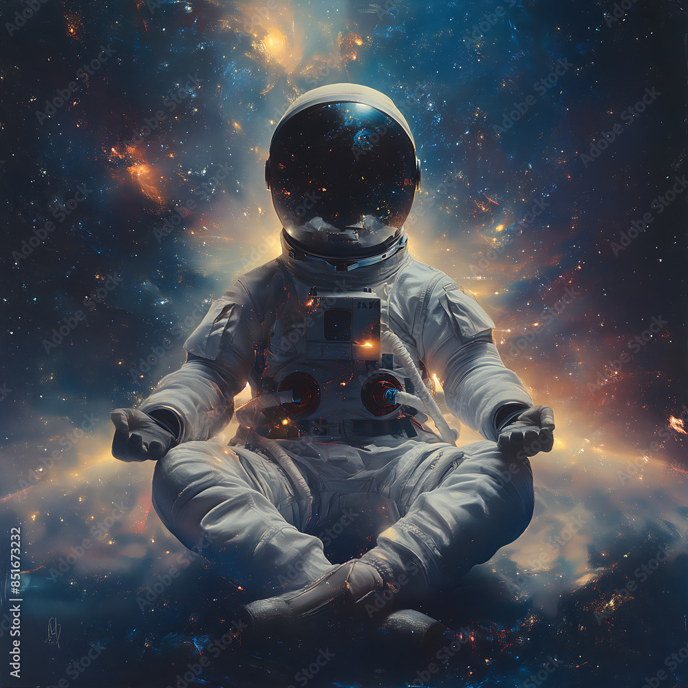 Astronaut meditates on moon against starry nebula backdrop, symbolizing cosmic serenity and space’s infinite expanse Astronaut meditates on moon against starry nebula backdrop, symbolizing cosmic serenity and space’s infinite expanse