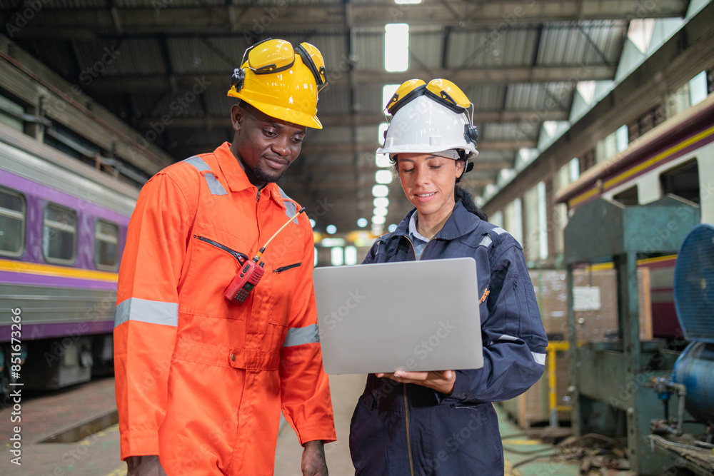 Railway Engineers Collaborating with Laptop on Site Railway Engineers Collaborating with Laptop on Site
