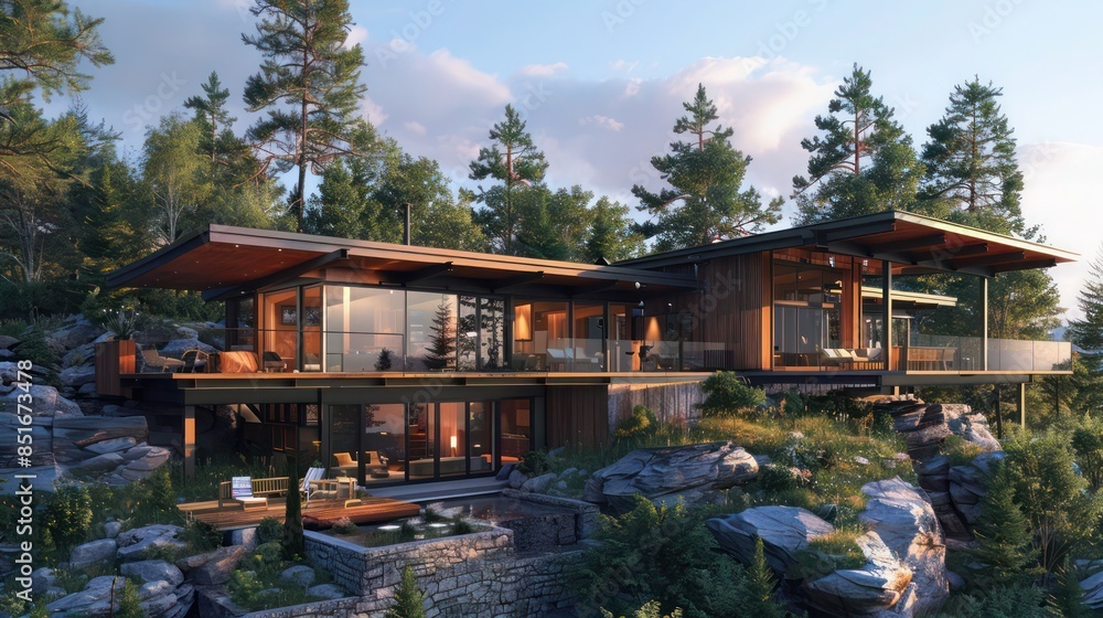 Obraz premium rchitectural plans for a contemporary mountaintop retreat with luxury cabins and eco-friendly amenities