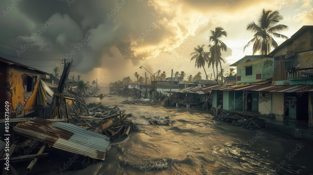 Naklejka premium A photo of the aftermath of a hurricane in a small town. The streets are flooded, the houses are damaged, and the trees are uprooted.