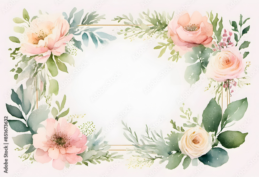 Fototapeta premium A watercolor floral frame with leaves and flowers surrounding a blank white center. The design is delicate and elegant, suitable for invitations, wedding or greeting cards.