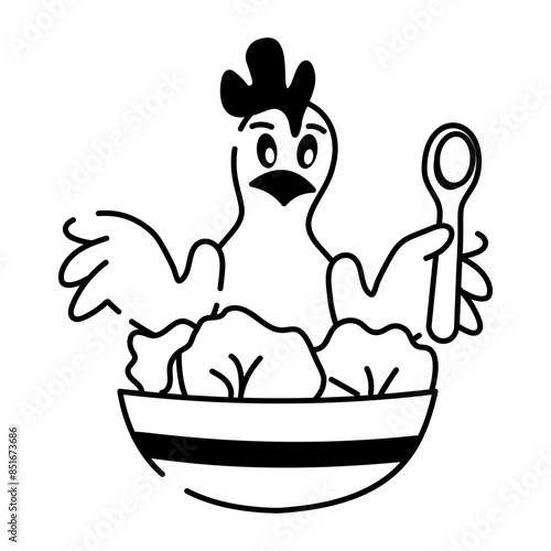 Ready to use doodle icon of chicken eating salad 