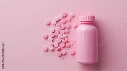 Pink Medication Bottle and Pills on Solid Pink Background