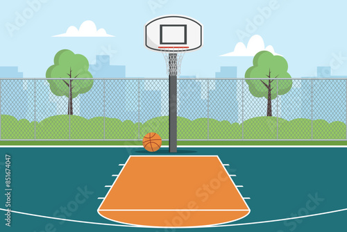 Empty basketball court in city scene background. Outdoor basketball court minimal flat style. Vector stock